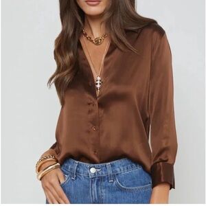 L'AGENCE Dani Silk Blouse Brown Button-Down Shirt Size Medium